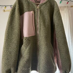 We The Free Olive Green Teddy Jacket with Pink Accents
